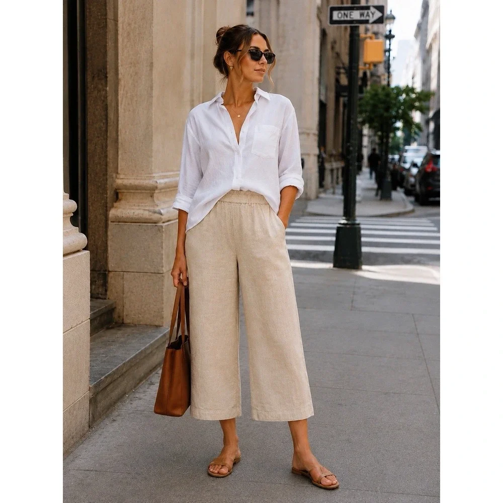 Quince 100% European Linen Pants L Wide Leg Flax Beige Quiet Luxury